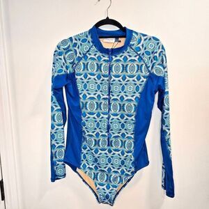 Cabana Life Womens Large Blue Long Raglan Sleeve Rash Guard Swimsuit - One Piece